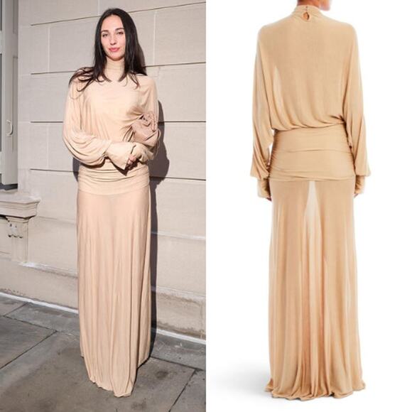 SER.O.YA | NWT Swan Gown in Tan Draped Jersey Long Sleeve Maxi M - Picture 1 of 16